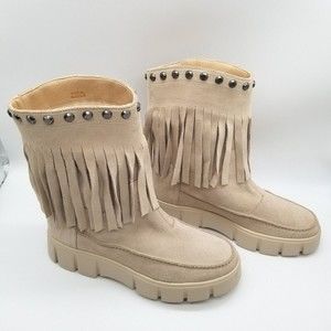 Geox Beige Fringe Suede Winter Boots with Stud Trim